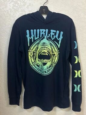 Hurley BOYS Long Sleeve Hooded Graphic T-Shirt, shark and “SURF & ENJOY"